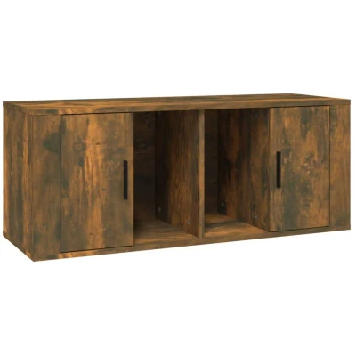 Image of vidaXL TV Cabinet in Smoked Oak Engineered Wood: Spacious Stand Media Unit with 4 Compartments and Doors for Storage Display