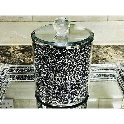 Image of Biznest Diamond Crushed Biscuit Cookies Canister Jar Tin Kitchen Storage Containers Silver Trimmings Crystal Filled (Silver/Black)