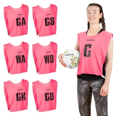 Image of FORZA Pro Netball Bibs [7 Pack] Full Player Position Bib Pack Available in 7 Colours Breathable and Comfortable for Schools &amp; Clubs (Pink, Medium)