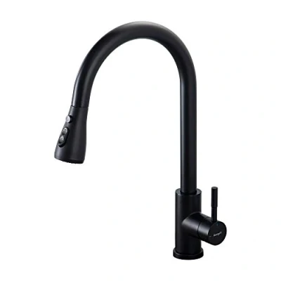 Image of Ibergrif M22136B Kitchen Sink Taps Mixer with Pull Out Spray, High Arc Dual Spray Mode, Single Handle Lever UK Standard Fittings, Black, Chrome
