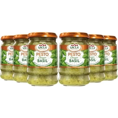 Image of Sacla Italian Basil Pesto Perfect with Pasta, Pizza, Garlic Bread and Tagliatelli Made Fresh Leaves, Cheeses Pine Nuts 190g (Pack of 6)