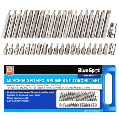 Image of Blue Spot Tools 1517 BlueSpot 40 PCE 1/2&quot; &amp; 3/8&quot; Mixed Hex, Spline and Torx Bit Set, Silver, Set of Pieces