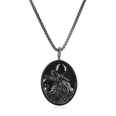 Image of COAI Men&#039;s Viking Jewelry Wolf Necklace Black Obsidian Necklace, Stainless Steel Box Chain 60cm