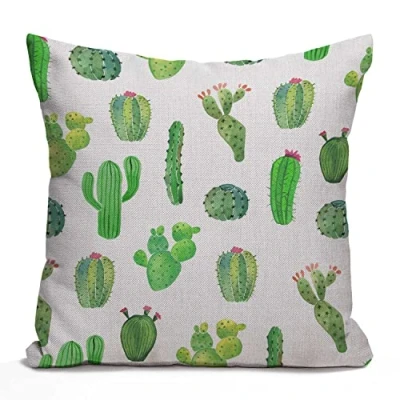 Image of Tomda Watercolor Green Cactus Cotton Linen Cushion Cover Throw Pillow Case Home Office Decorative for Sofa Living Room Square 45x45cm 18x18 Inches