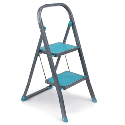 Image of Beldray LA023957TQ Foldable 2 Step Steel Ladder Safety Non Slip Steps &amp; Feet, Outdoor Indoor DIY, Durable Sturdy, Folds Easy For Neat Storage, Clip, Approx 2m Reach Height, Turquoise/Grey