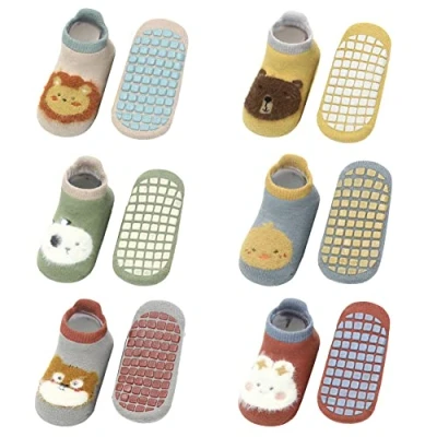Image of FedMois 6 Pairs Baby Kids No Show Socks Cotton Invisible Anti Slip Winter Thermal Thick, Animals, 0 1 Year