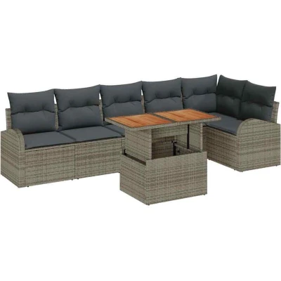 Image of vidaXL 7 Piece Garden Sofa Set with Cushions Grey Poly Rattan
