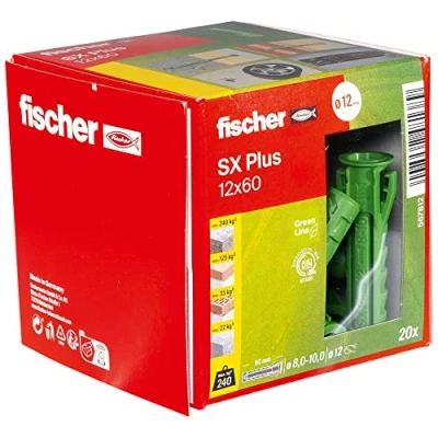 Image of fischer Expansion dowels SX Plus Green 12 x 60, Box of 20 Sustainable dowels, All Purpose Made from Renewable raw Materials, Optimal Hold in Concrete, Solid Brick, aerated Perforated