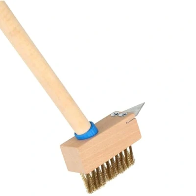 Image of Heavy Duty Weed Remover Tool with Long Wooden Handle, 120cm Wire Brush Patio Cleaner, Angled Brass Bristles, Steel Blade Scraper, Ideal for Cleaning Patios, Block Paving, and Driveways