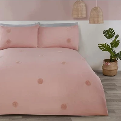 Image of Sleepdown Embroidered Tufted Polka Dot Circles Blush Pink Luxury Soft Cosy Easy Care Duvet Cover Quilt Bedding Set with Pillowcases Double (200cm x 200cm) 5056242836025