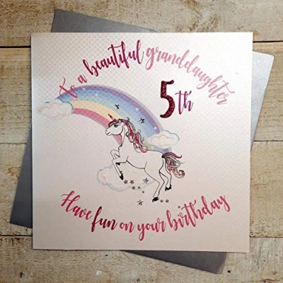 Image of white cotton cards XR34 5gd Large&quot;to a Beautiful Granddaughter, Have Fun on Your 5th Birthday&quot; Handmade Card