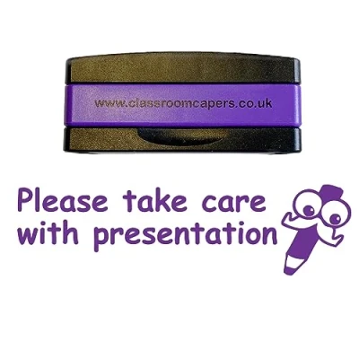 Image of Please take care with presentation Self inking, Stakable Teacher Stamps, Pre inked for Feedback Marking. Purple Ink