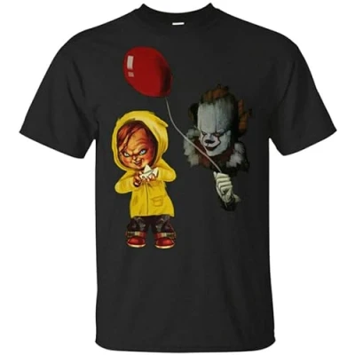 Image of It Stephen King Chucky and Pennywise Halloween Men&#039;s T Shirt Size S Black