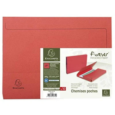 Image of Exacompta Ref. 46975E Pack of 10 Forever® 32 mm gusseted pocket folders 290 g/m² 100% recycled and Blue Angel certified dimensions 24 x cm for A4 format red color