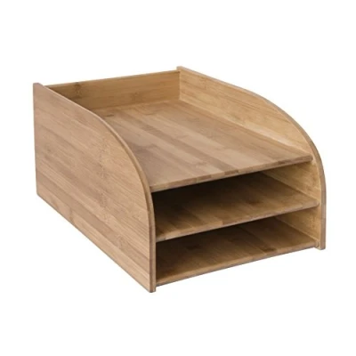 Image of OSCO Bamboo Three Tier Letter Tray A4 Wood Desk File Organiser Paper Storage Office Document Sorter Paperwork Filing No Assembly Required H17.5 x W24.5 D37.5 cm