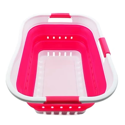 Image of SAMMART 30L Collapsible 3 Handled Plastic Laundry Basket Foldable Pop Up Storage Container/Organizer Portable Washing Tub Space Saving Hamper/Basket (White/Rose Pink)