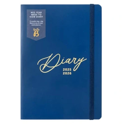 Image of Busy B A5 Week to View Diary Mid Year Academic Planner Aug &#039;25 &#039;26 Navy Journal Cover Weekly Layout opposite a Notes Page, Goals, Expenses, Pen Loop &amp; Elastic Closure