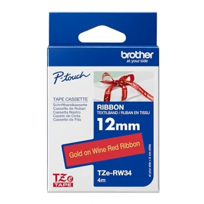 Image of Brother TZe RW34 Labelling Tape Cassette, Gold on Wine Red, 12mm (W) x 4M (L), Ribbon Tape, Genuine Supplies