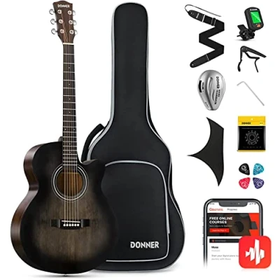 Image of Donner Acoustic Guitar 4/4 Beginner Starter Bundle Kit 40 Inch Cutaway with Pickup Bag Tuner Capo Strap Mini Jumbo for Adult Travel Teen Right Hand Black
