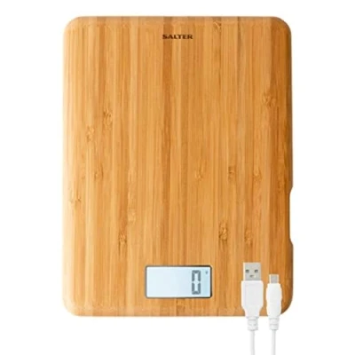 Image of Salter 1094 WDDR Eco Bamboo Electronic Kitchen Scale Digital Baking Scale, 5kg Capacity, Rechargeable Food Add &amp; Weigh Tare Function, Easy Read Display, Measures Liquids, USB Charging Cable
