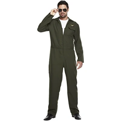 Image of Lizzy Aviator (One Size) Adult Fancy Dress Costume Mens Pilot Jumpsuit, Flight Suit, Fighter Halloween Christmas Carnival Party Cosplay Outfit