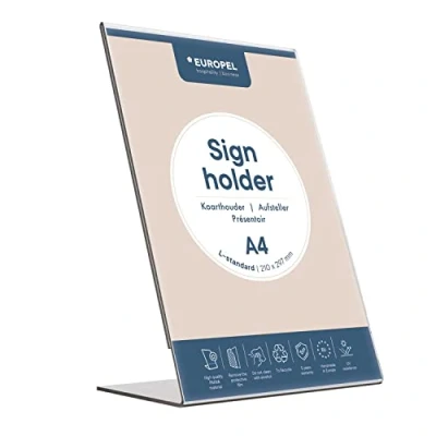 Image of Europel Sign Holder, L Standard, A4 Size, Portrait Clear Acrylic Poster, Menu &amp; Leaflet Display Holder for Restaurants, Hotels, Conference Reception Free Standing Slanted Design