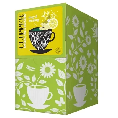 Image of Clipper Organic Lemon &amp; Ginger Tea Bags 250 Individually Wrapped Teabags Bulk Buy, Home Catering Caffeine Free Herbal Eco Conscious, Natural, Unbleached Biodegradable