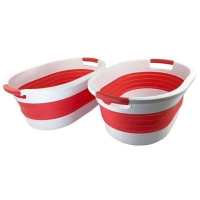 Image of SAMMART 23L Collapsible Plastic Laundry Basket Foldable Pop Up Storage Container/Organizer Portable Washing Tub Space Saving (2, White/Coral Pink)