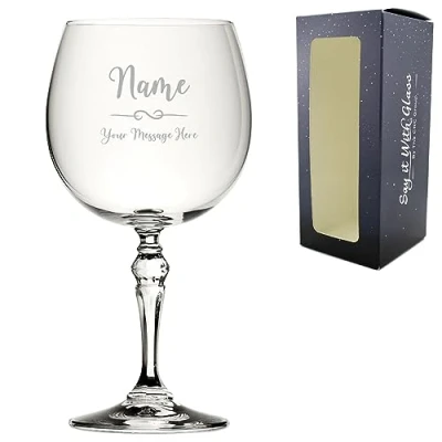 Image of Personalised Engraved Crystal Gin and Tonic Glass with Flourish Design, Personalise Any Name Message for Occasion, Gift Box Included, Laser