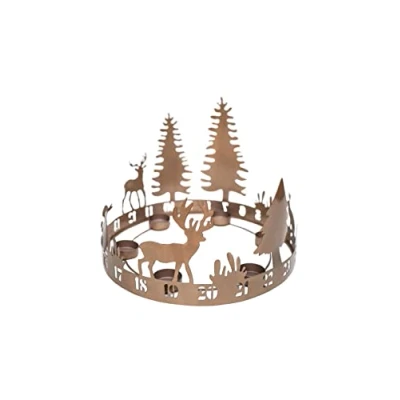 Image of Ivyline Round Tea Light Centrepiece in Copper Metal with Advent Forest Scene Festive Christmas Candle Holder H25 x W33 D33 cm