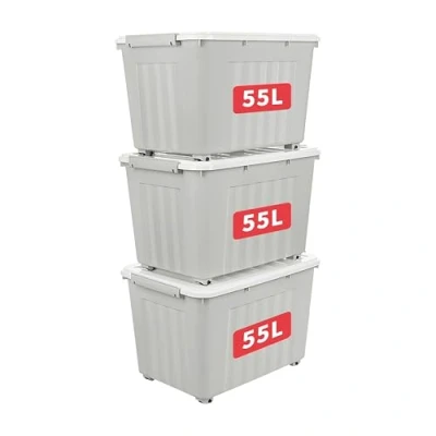 Image of Cetomo 55L*3 Aufbewahrungsboxen mit Deckeln, Kunststoff Aufbewahrungsbox Rollen und Clips, Kunststoffbox für Zuhause Büro, BPA frei, Nestbar, Stapelbar, Grau, 55L 3er Pack
