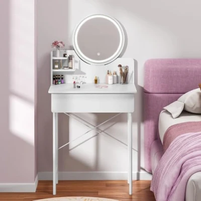 Image of loyliawa Vanity Desk with Mirror and Lights, Dressing Table, 3 Modes Brightness Adjustable, Makeup LED Lighted Mirror, Table Drawers Opening Shelves White 2