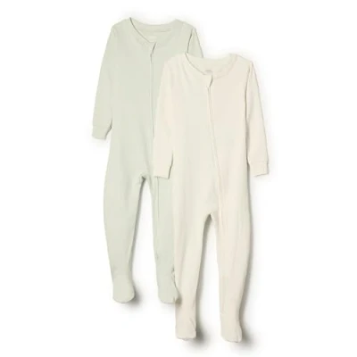 Image of Amazon Essentials x Sofia Grainge Unisex Babies&#039; Snug Fit Cotton Footed Pyjamas, Pack of 2, Ivory/Pale Green, 0 Months
