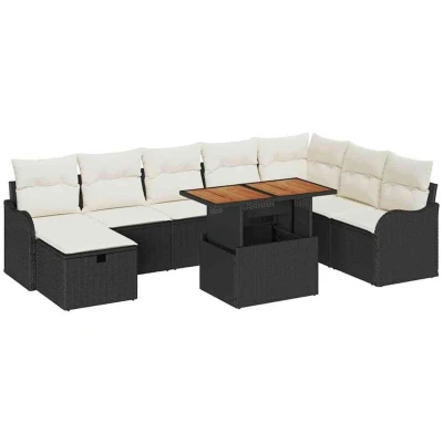 Image of vidaXL 9 Piece Garden Sofa Set with Cushions Black Poly Rattan