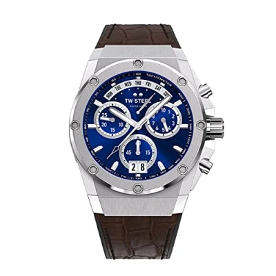Image of TW Steel ACE Genesis Mens 44mm Quartz Watch with Blue Dial Brown Leather on Rubber Strap, and Day/Date Calendar ACE111