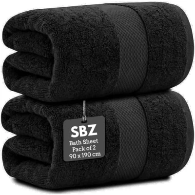 Image of 2 Pack Extra Large Jumbo Bath Sheet 100% Egyptian Cotton Super Soft Luxury Premium Quality Towels 600 GSM Quick Dry Highly Absorbent 100 x 200 cm (Black)