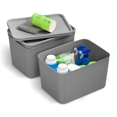 Image of Iris Ohyama, Set of 4 Plastic Storage Boxes with Lid, Stackable, for Kitchen, Bathroom, Bedroom, Closet, Office, Solid &amp; Durable Organization, SNL MD