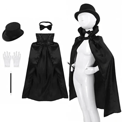 Image of Luxylei Magician Costume Set for Boys Girls Kids Hat Cape Necktie and White Gloves Magic Tricks Show Halloween