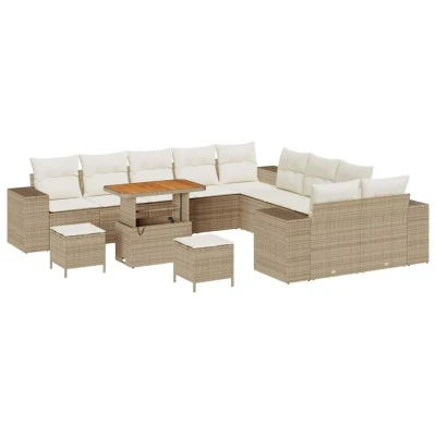 Image of vidaXL 13 Piece Garden Sofa Set with Cushions Beige Poly Rattan Acacia