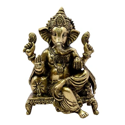 Image of ESPLANADE Brass Chowki Ganesh Ganesha Ganpati Vinayak Showpiece Murti Idol Statue Sculpture 8.25&quot; Inches