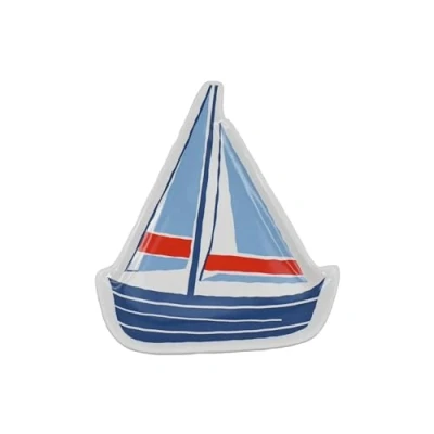 Image of Half Moon Bay Coastal Sail Boat Dish Blue/Red/White 6 x 5 Inch Ceramic Jewelry Trinket Tray