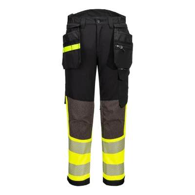 Image of Portwest EV442 Men&#039;s Hi Vis Work Trousers Slim Fit Stretch Fabric Workwear Utility Safety with Detachable Holster Pocket and Knee Pad Pockets Black/Yellow, 42 Tall