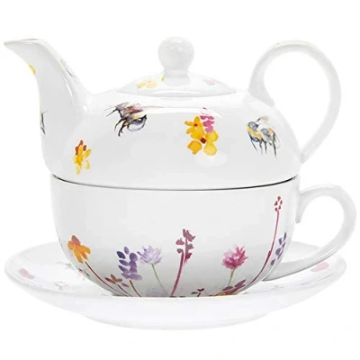 Image of The Leonardo Collection Tea for One Teapot Pot Cup and Saucer Serving Set Pretty Water Colour Busy Bees Design by Jennifer Rose Gallery, Multi, JNS_469541