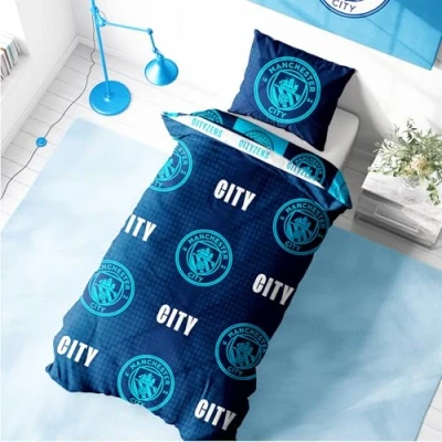 Image of Character World Manchester City Single Duvet Cover Set, Iconic Design Blue Reversible 2 Sided Football Bedding Official Merchandise Including Matching Pillow Cases