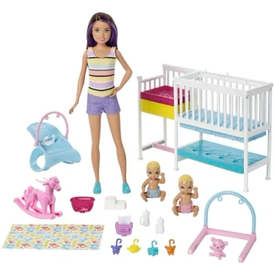 Image of Barbie Nursery Playset with Skipper Babysitters Inc. Doll, 2 Baby Dolls, Crib and 10+ Pieces of Working Gear Themed Toys, Gift Set for 3 to 7 Year Olds, GFL38