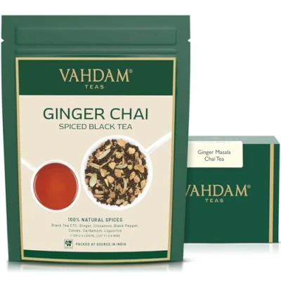 Image of VAHDAM, Ginger Masala Chai Tea 200g 100 Cups) Authentic Indian Spiced Loose Leaf Brew Hot Tea, Iced Or Latte Vacuum Sealed Pack