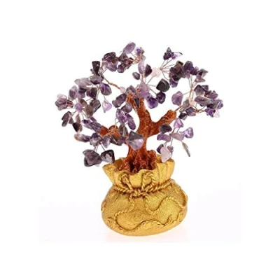 Image of Lachineuse Feng Shui Tree in Purple Amethyst Fortune 17 cm Asian Japanese Decoration with Golden Stand Gemstone Zen Object