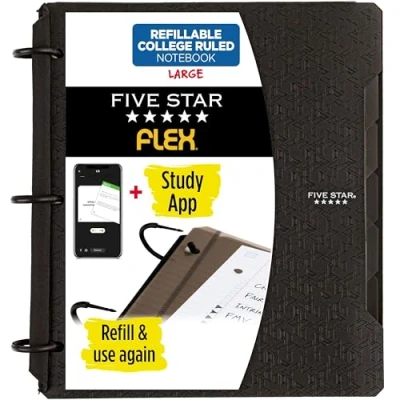 Image of Five Star Flex Refillable Notebook + Study App, College Ruled Paper, 1 Inch TechLock Rings, Pockets, Tabs and Dividers, 200 Sheet Capacity, Black (29328AA2)