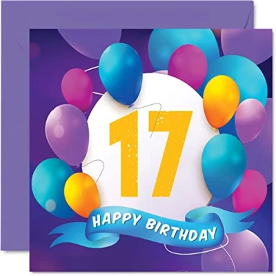 Image of 17th Birthday Card for Boys Girls Balloon Party Happy Cards 17 Year Old Teenage Boy Girl Brother Sister Son Daughter Grandson Granddaughter, 145mm x Bday Greeting Gift