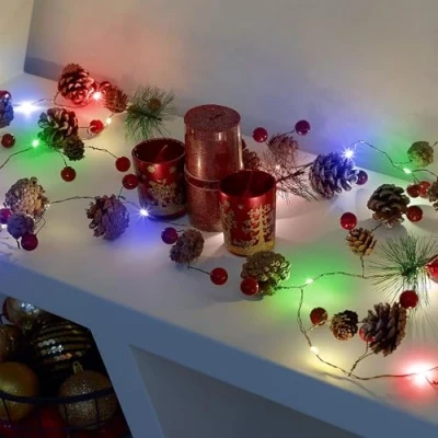 Image of GloBrite Christmas Garland with Lights 2 Meters, 20 LED Lights, Garlands for Indoor, Table, Fireplace, Door Garland, Xmas Decorations, Multi Coloured